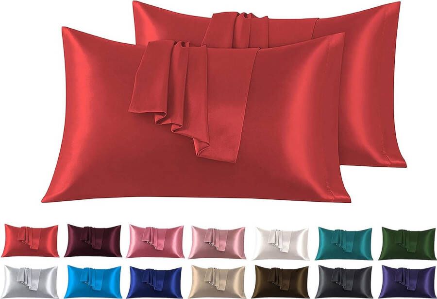 Set van 2 kussenslopen van satijn 45 x 70 cm rood voor bed zacht bij aanraking met zaksluiting antimijt en hypoallergeen bescherming voor haar huid en antirimpels
