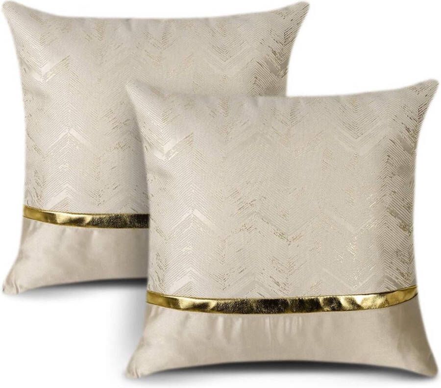 Set van 2 kussenslopen voor bed- bank- en autodecoratie. Luxe moderne minimalistische gouden lederen stiksels met golvende strepen. Vierkante kussensloop slopen voor decoratiekussens 45 x 45 cm (goudkleurig)