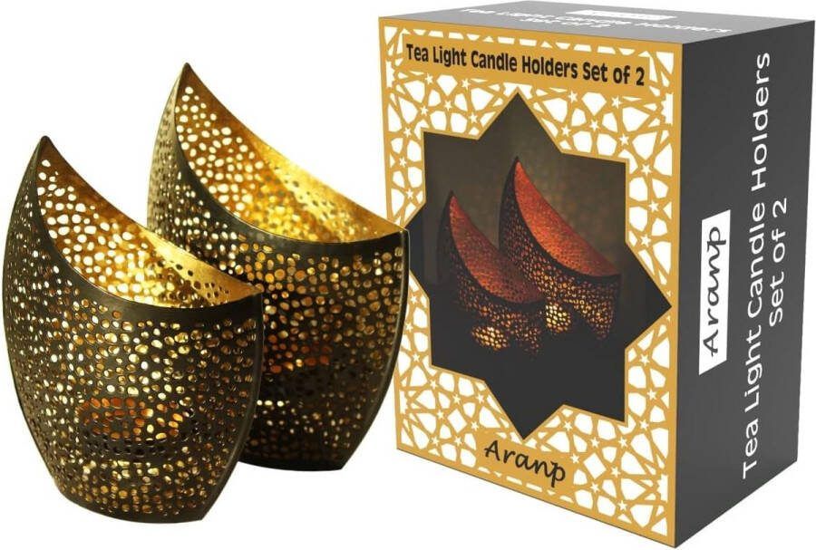 Set van 2 lantaarns oosterse maansikkel design Oosterse vintage theelichthouder zwart van buiten en goudkleurig van binnen Marokkaanse windlichten van metaal als decoratie
