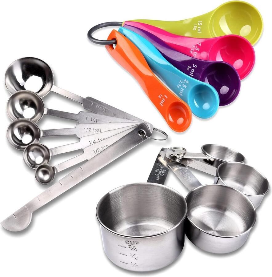 Set van 2 maatlepels en maatbeker 10-delig en 5-delige maatlepelset van roestvrij staal met meetliniaal en kunststof stapelbare doseerlepel koken bakken doseerhulp
