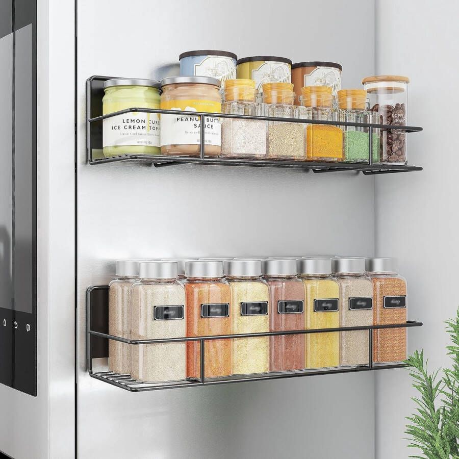 Set van 2 magnetisch kruidenrek groot magnetisch koelkastrek hangende plank aan de muur gemonteerde keukenorganizer zonder boren zelfklevende plank voor ruimtebesparing (zwart)