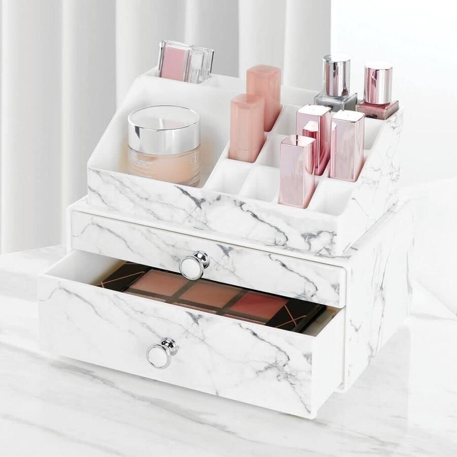 Set van 2 make-upbewaardozen voor was- of make-uptafels – stapelbare opbergdoos met 2 laden voor make-up – cosmetica-organizer met 16 vakken in marmerpatroon – wit en grijs