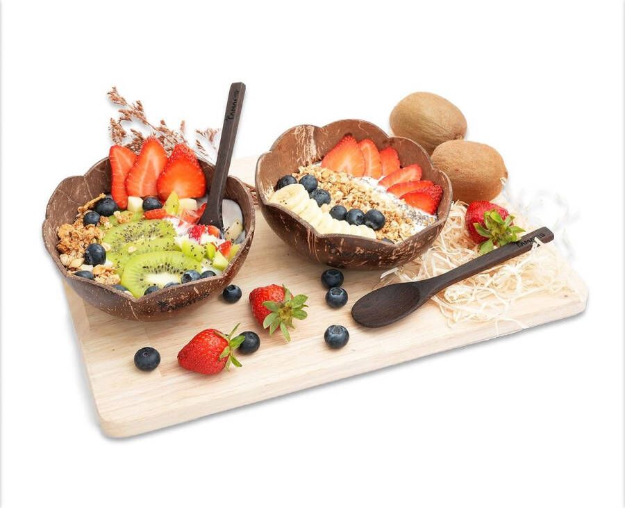Set van 2 met kokoshouten lepels 100% natuur veganistisch handgemaakt met kokosolie gepolijst kokosnootkommen set in bloemenvorm smoothie bowl set van 2 kokosnootschaal