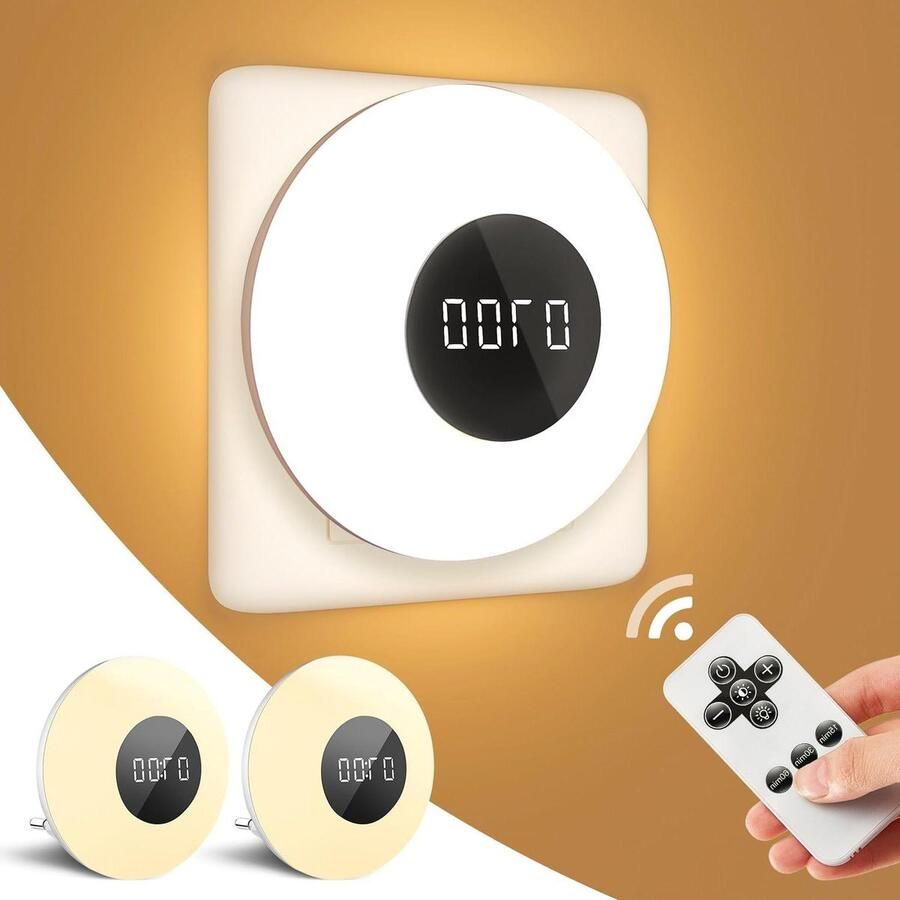 Set van 2 Nachtlampje stopcontact voor kinderen met klok 10 helderheidsniveaus 3 kleurtemperaturen Dimbaar Timer en afstandsbediening Babynachtlampje Nachtlamp stopcontact