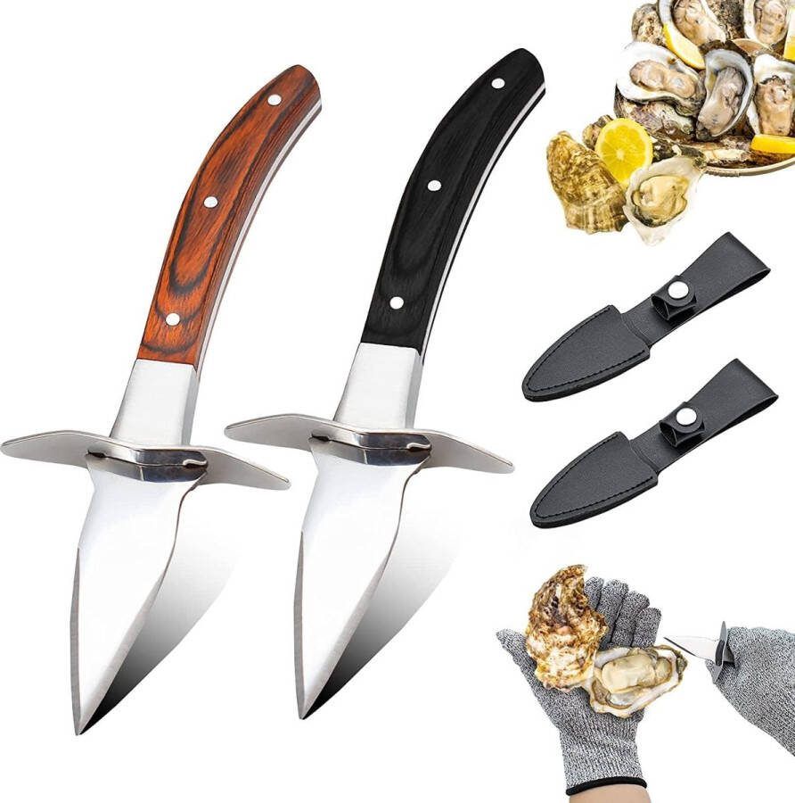 Set van 2 oestermessen en 2 anti-snijhandschoenen oesterflesopener roestvrij staal beschermingsklasse 5 voor schelpdieren of harde kaas