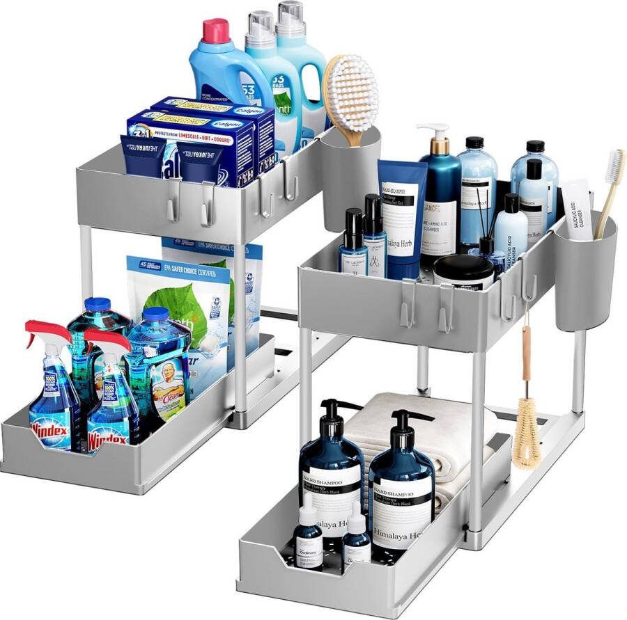 Set van 2 onder de gootsteenplanken 2 niveaus staande plank keukenwerkblad plankorganizer multifunctioneel keukenrek kruidenrek onderkastplank vaatwasserplank grijs