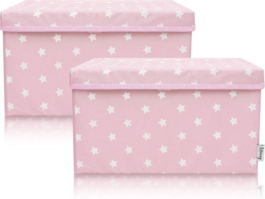 Set van 2 opbergdozen voor kinderen 37 x 25 x 21 cm opbergmand voor kinderkamer en woonkamer opbergkist voor kinderen roze ster