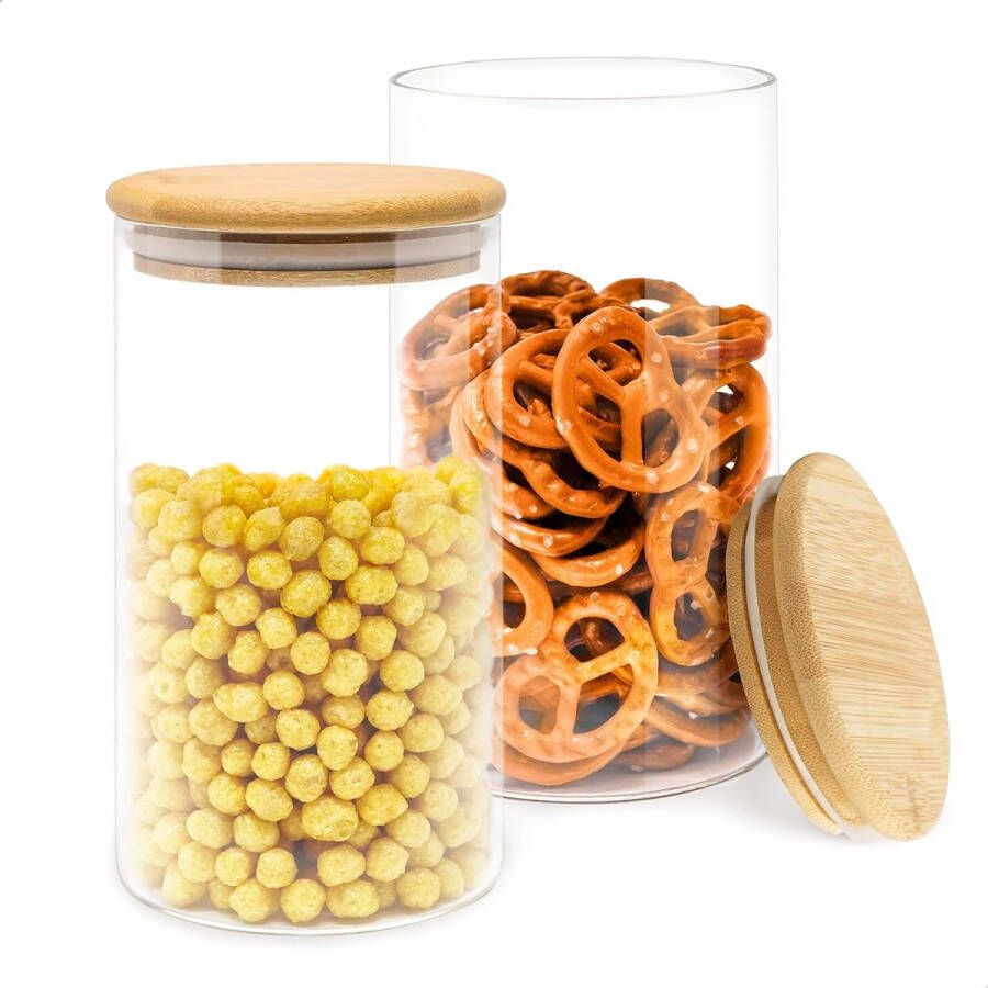 Set van 2 opbergpotten met bamboe deksels 1.15 L (17.5 x 10 cm) Glazen opbergpotten Luchtdichte potten met houten deksel met labels en markers