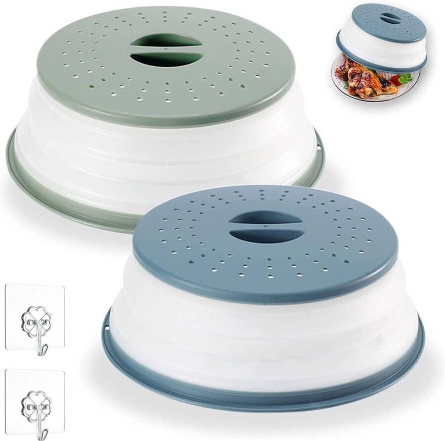 Set van 2 opvouwbare magnetronafdekkingen deksel voor magnetron deksel voor magnetrondeksel hoge magnetronspatbescherming opvouwbare magnetronafdekking met haken voor fruit groenten (grijs blauw)