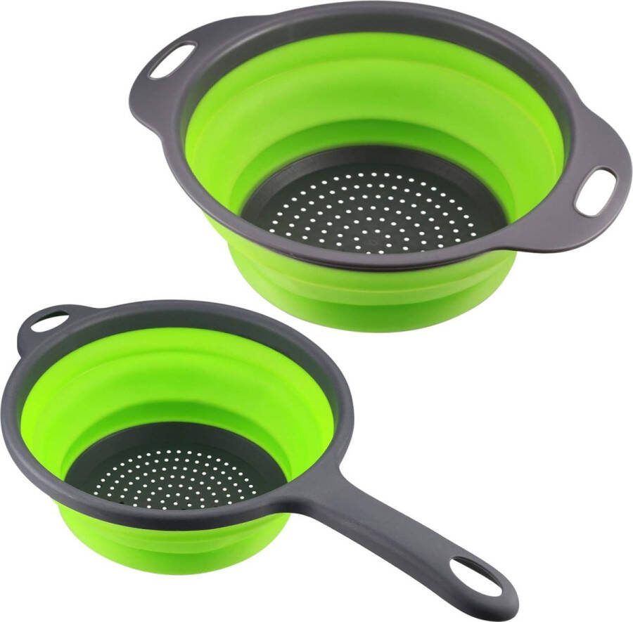 Set van 2 opvouwbare siliconen filtermanden met handvat opvouwbare vergietzeef siliconen opvouwbare vergiet pastazeefset keukenzeef waskom voor pasta fruit groenten (groen)