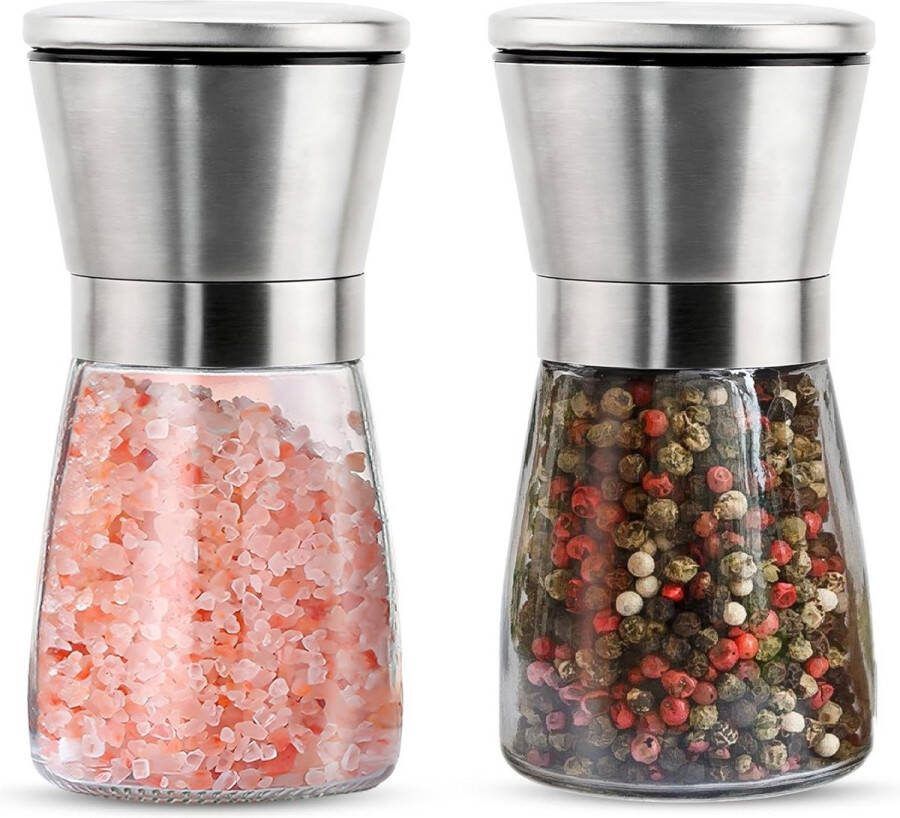 Set van 2 Pepermolens en Zoutschudder Roestvrij Staal en Glas Keramische Molen Instelbare Grofheid Handmatig Slijpen Zonder Zout of Peper