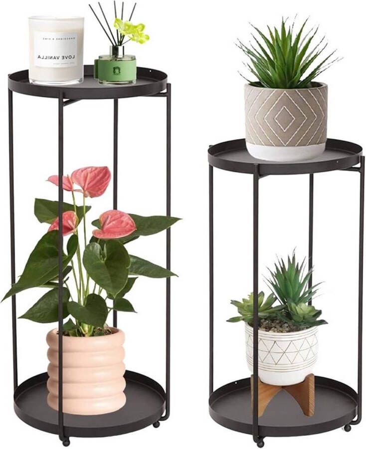 Set van 2 plantenstandaarden 2-tier metalen plantenstandaards opvouwbare poten hoge plantenstandaard plantenhouder decoratief plantenrek binnen- en buitenplanten mat zwart