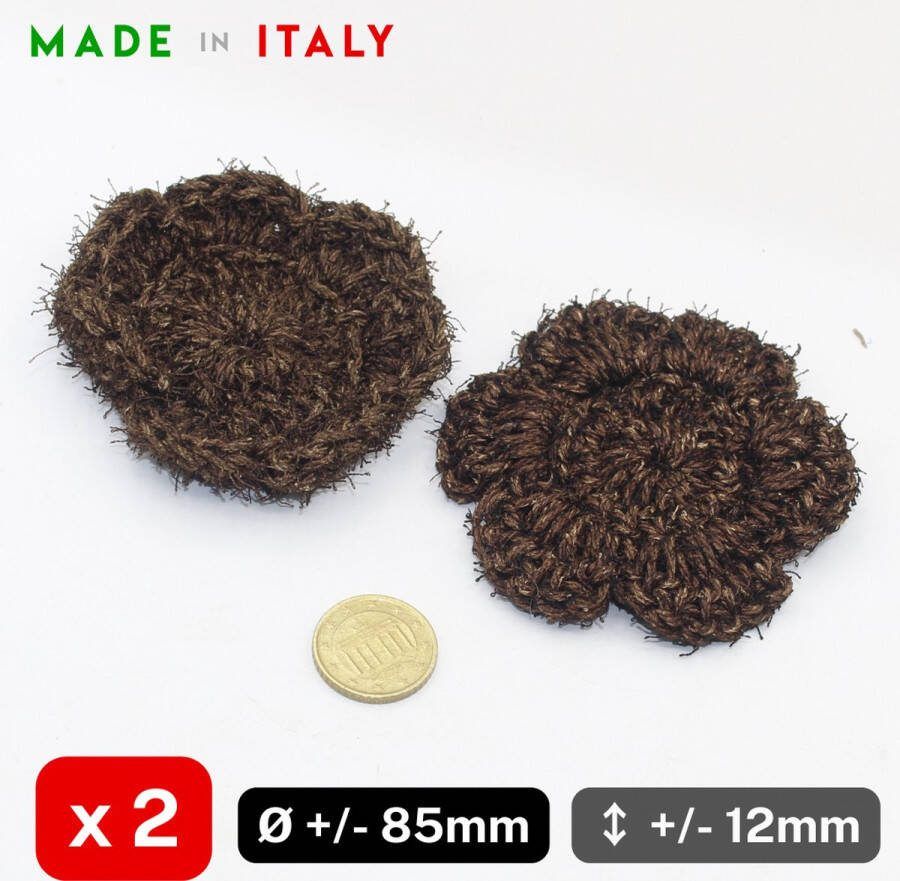 Set van 2 POLYESTER MACRAME BLOEMEN Diameter 85MM Dikte 12MM om op te Naaien MADE IN ITALY Kleur BRUIN
