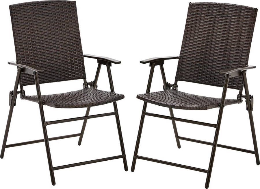 Furnibella a Set van 2 polyrotan tuinstoelen klapstoelen weerbestendig met hoge rugleuning balkonstoelen met armleuningen vouwstoelen 136 kg belastbaar bruin