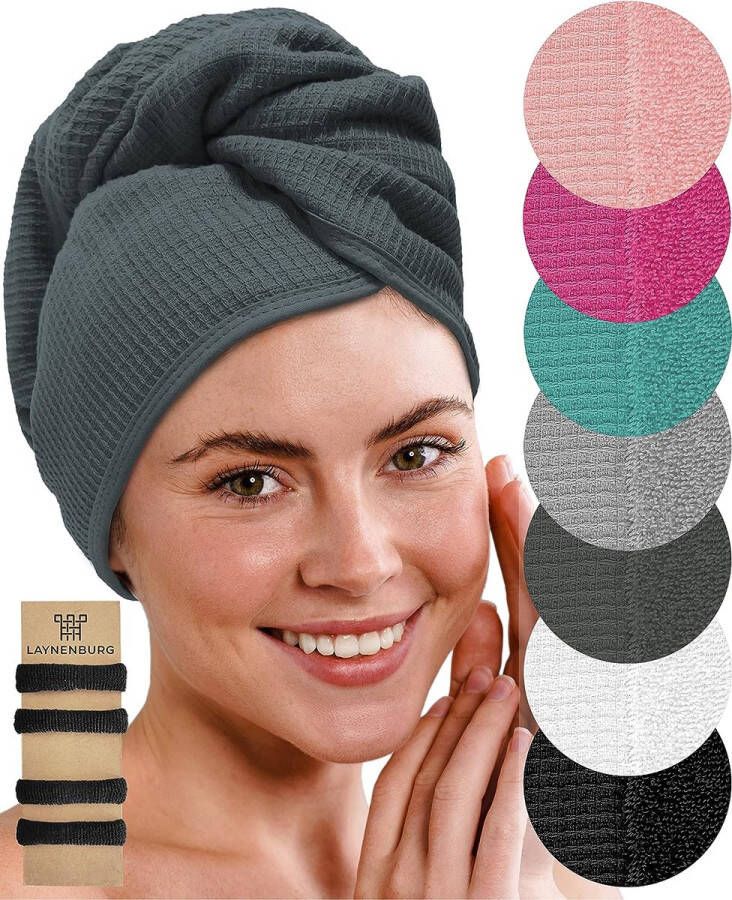 Set van 2 premium wafelpiqué haartulband met 2 knopen 100% katoen tulband handdoek badstof haarhanddoek voor kort en lang haar hoofdhanddoek sneldrogend (antraciet)