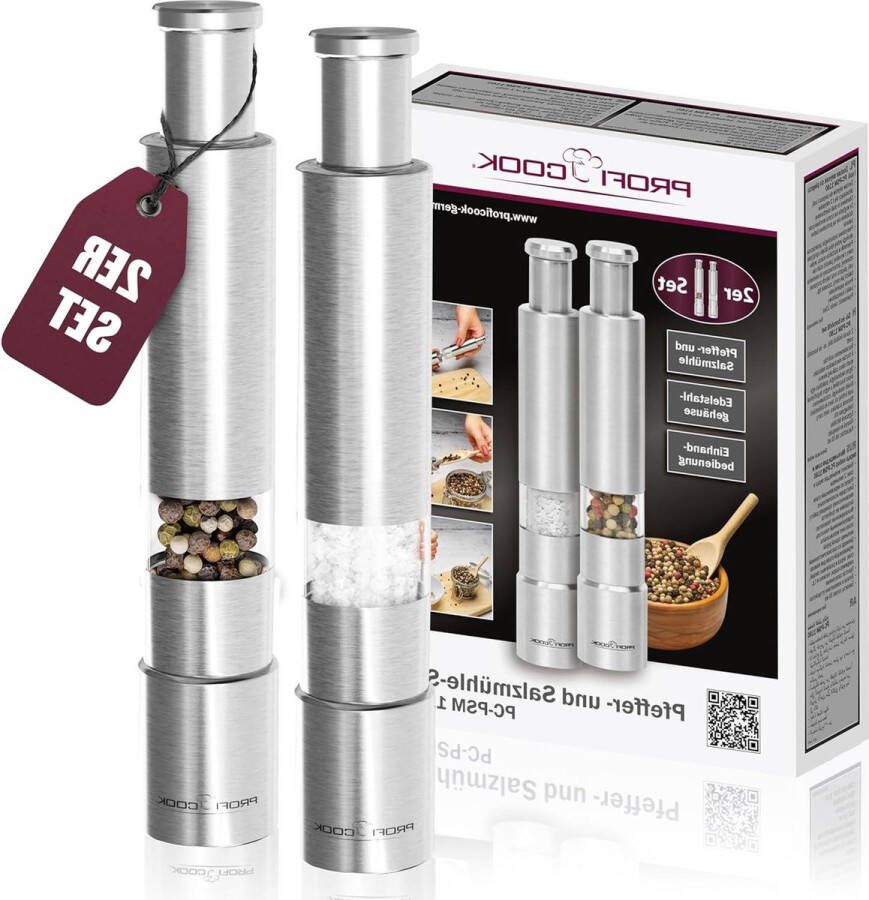Set van 2 roestvrijstalen peper- en zoutmolens High-end Zilverkleur ProfiCook PC-PSM 1160