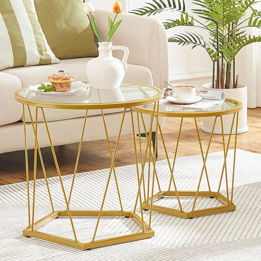 Set van 2 ronde salontafels woonkamertafel goudkleurig nesttafels sofatafel nachtkastje kleine tafel voor woonkamer slaapkamer stabiel en robuust goudkleurig