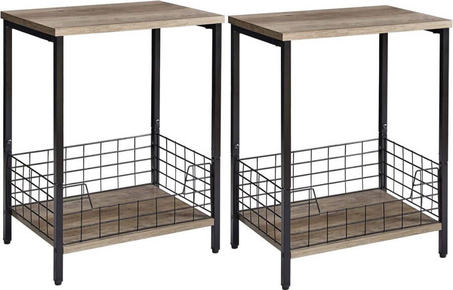 Set van 2 salontafels met 2 niveaus opbergmand laptoptafel nachtkastje banktafel salontafel 40 x 29 x 52 cm metalen frame voor slaapkamer kantoor woonkamer grijs