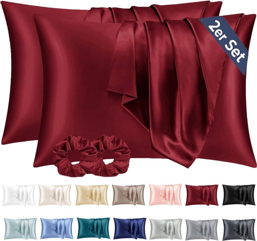 Set van 2 satijnen kussenslopen 40 x 60 cm zacht vergelijkbaar met zijden kussensloop 40 x 60 premium hoofdkussensloop rood voor haar en huid met 2 haarelastiekjes ecologisch