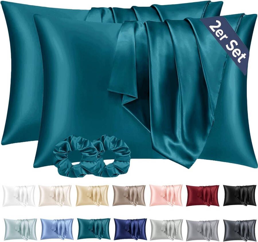 Set van 2 satijnen kussenslopen 40 x 60 cm zacht vergelijkbaar met zijden kussensloop 40 x 60 premium hoofdkussensloop blauwgroen voor haar en huid met 2 haarelastiekjes ecologisch