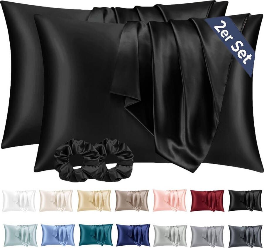 Set van 2 satijnen kussenslopen 40 x 60 cm zacht vergelijkbaar met zijden kussensloop voor haar en huid met 2 haarelastiekjes voor kussens 40 x 60 cm zwart