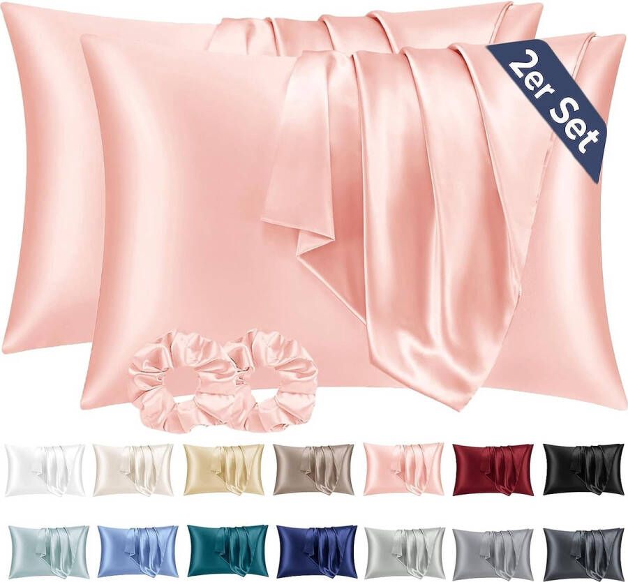 Set van 2 satijnen kussenslopen 40 x 60 cm zacht vergelijkbaar met zijden kussensloop voor haar en huid met 2 haarelastiekjes voor kussens 40 x 60 cm roze