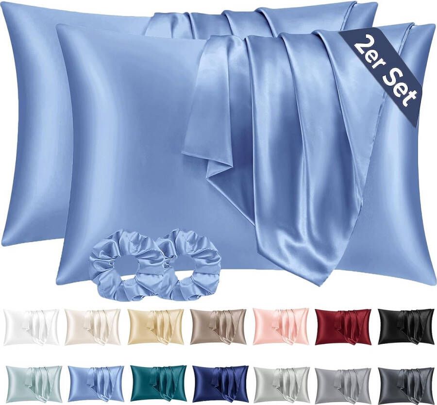 Set van 2 satijnen kussenslopen 40 x 60 cm zacht vergelijkbaar met zijden kussensloop voor haar en huid met 2 haarelastiekjes voor kussens 40 x 60 cm blauw