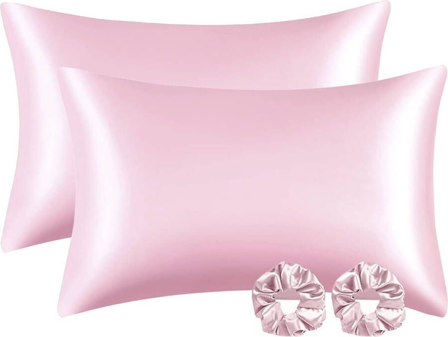 Set van 2 satijnen kussenslopen 40 x 80 cm roze glanzend zijdezachte kussenslopen voor haar en huid superzachte kussenhoezen met 2 elastische haarelastiekjes