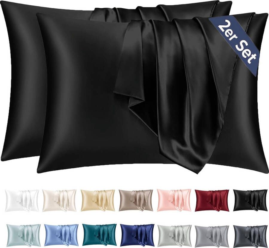 Set van 2 satijnen kussenslopen 40 x 80 cm zwart zacht vergelijkbaar met zijden kussensloop 40 x 80 premium hoofdkussensloop 40 x 80 cm ecologisch certificaat