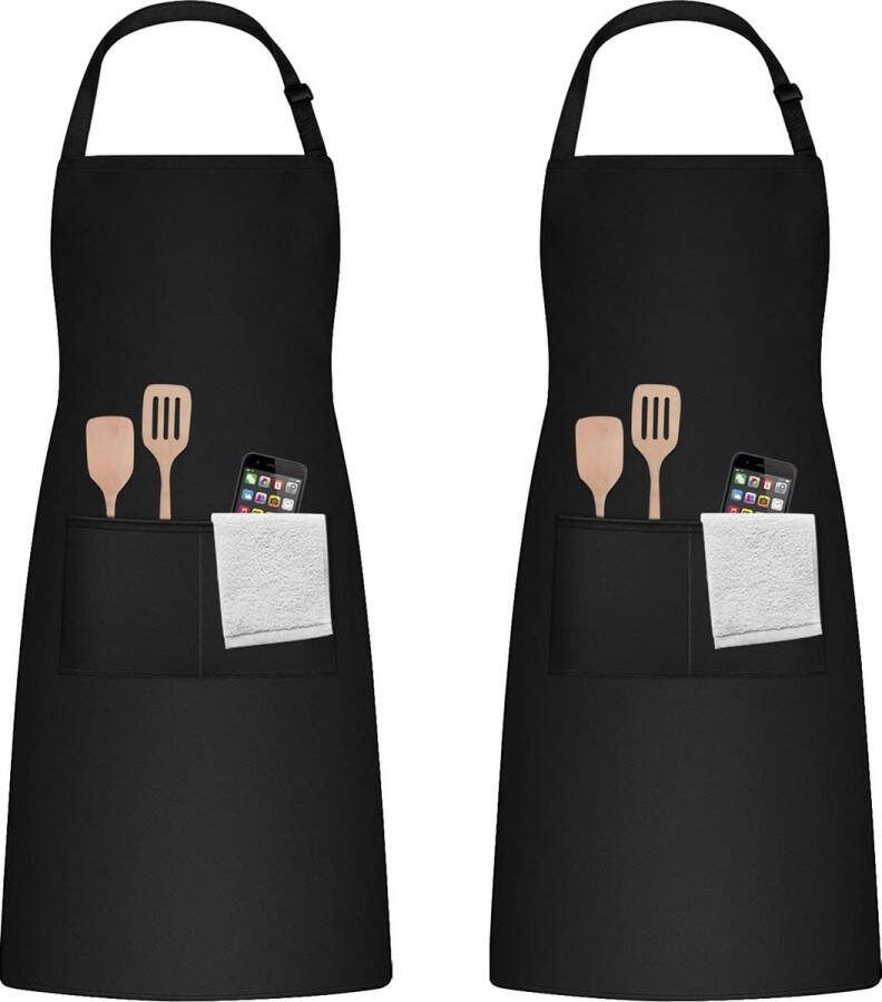 Set van 2 schorten zwart verstelbaar katoenen linnen kookschort verstelbaar keukenschort met zakken voor koken of bakken voor mannen en vrouwen zwart