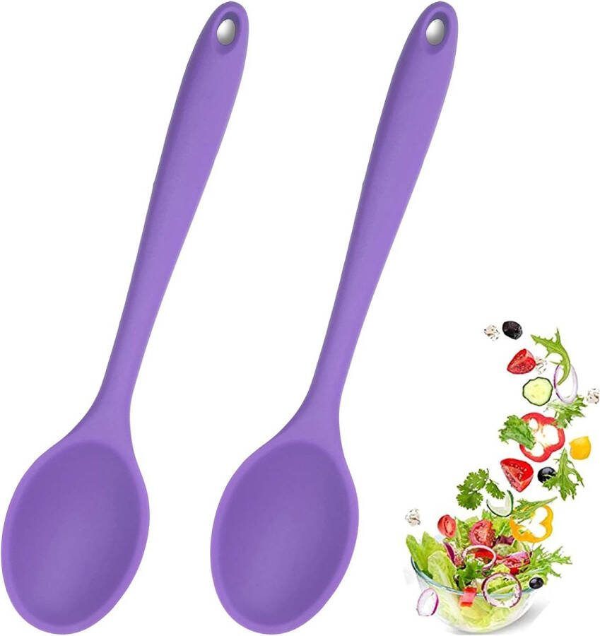 Set van 2 siliconen kooklepels met antiaanbaklaag plastic serveerlepels hygiënisch ontwerp plastic kooklepels kookgerei menglepels voor keuken koken bakken roeren (paars)