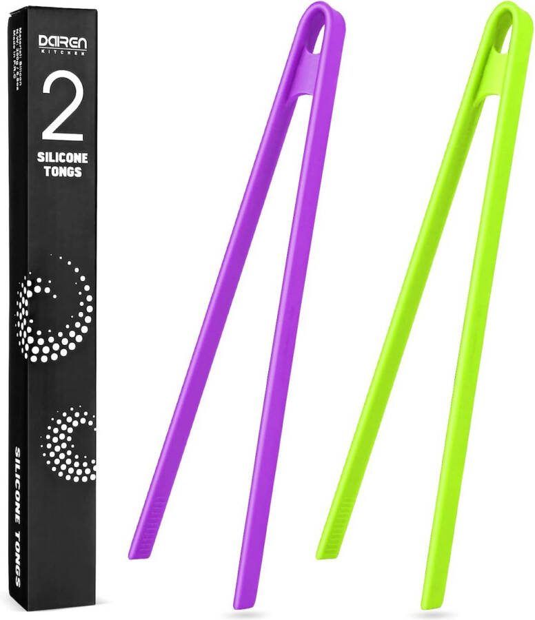 Set van 2 siliconen tangen 29 cm paars en groen siliconen voedselclip kooktang met antiaanbaklaag hittebestendige keukenvoedseltang grilltang siliconen keukentang voor plaatsen draaien tijdens het koken bakken