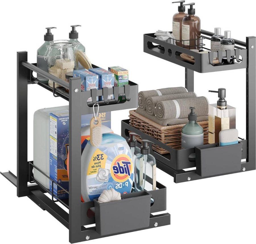 Set van 2 spoelkastorganizer opslag 2 etages uittrekbaar keukenrek multifunctionele organizer voor keuken en badkamer zwart