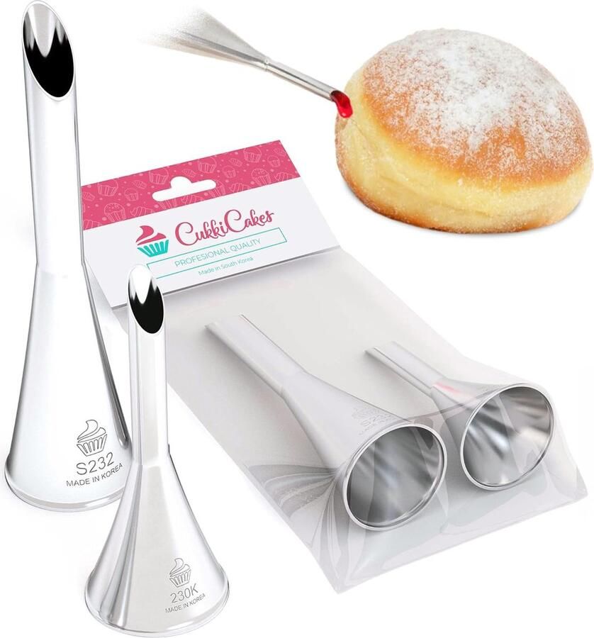 Set van 2 spuitmonden voor het vullen van donuts (Berliners) (opening van 6 en 8 mm) spuitmonden compatibel met spuitzakken Donutmondstuk voor jam bakkersspuit (Made in Korea)