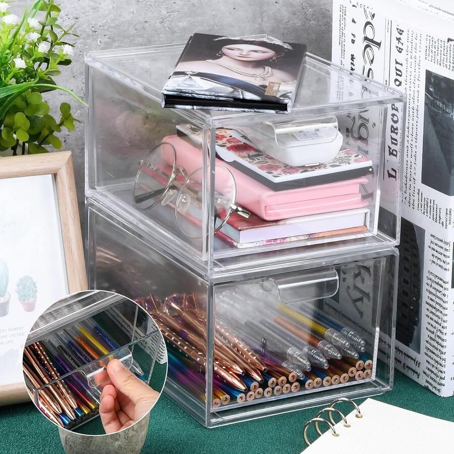 Set van 2 stapelbare cosmetische organizerladen transparante acryl make-up organizer kaptafelladen opbergdoos voor badkamer kaptafel keuken slaapkamer