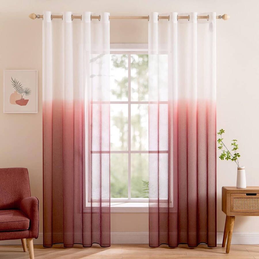 Set van 2 transparante gordijnen kleurverloop voile vitrages met oogjes decoratief raamgordijn voor slaapkamer en woonkamer 145 cm x 140 cm (H x B) wit en roodbruin