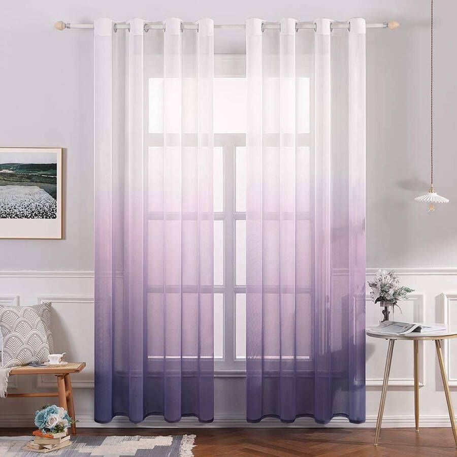 Set van 2 transparante gordijnen kleurverloop voile vitrages met oogjes decoratief raamgordijn voor slaapkamer en woonkamer 145 cm x 140 cm (H x B) wit en paars