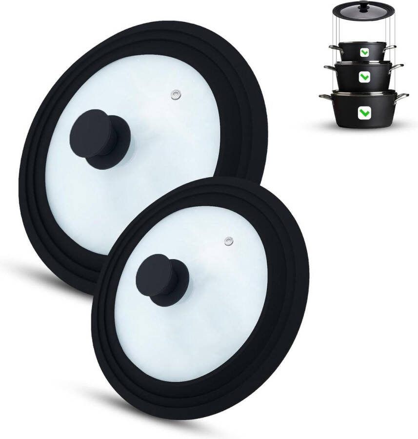 Set van 2 universele glazen deksels glazen deksels met uitlaatventiel 16-18-20 cm & 24-26-28 cm zwart