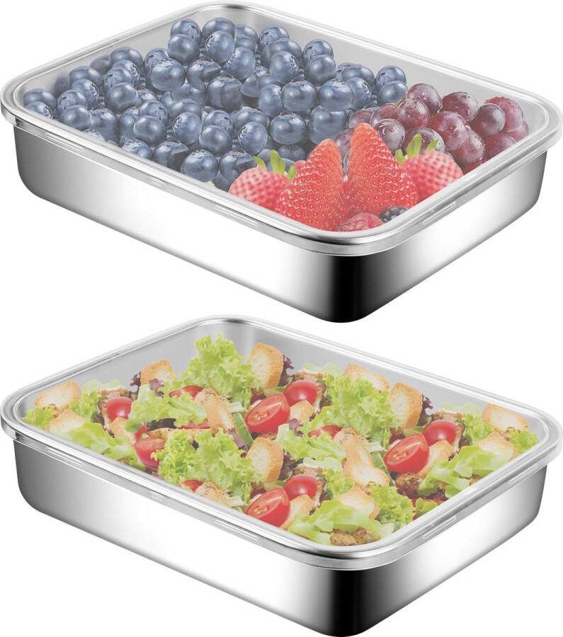 Set van 2 vers voedseldozen roestvrijstalen voedselcontainers kaascontainers met deksel luchtdicht herbruikbaar stapelbaar vaatwasser voor vlees kaas fruit en groenten (groot)