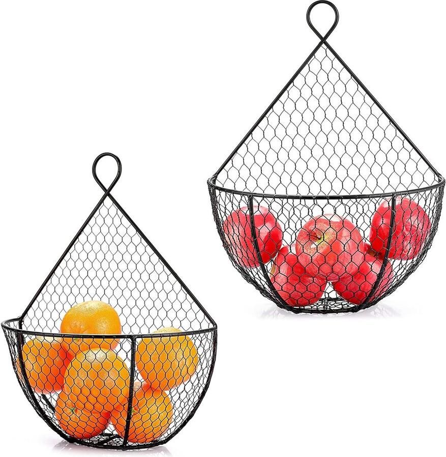 Set van 2 wandgemonteerde fruithouder mand opknoping display fruitmand voor opslag decoratieve fruit groenten snacks brood houder kommen zwart