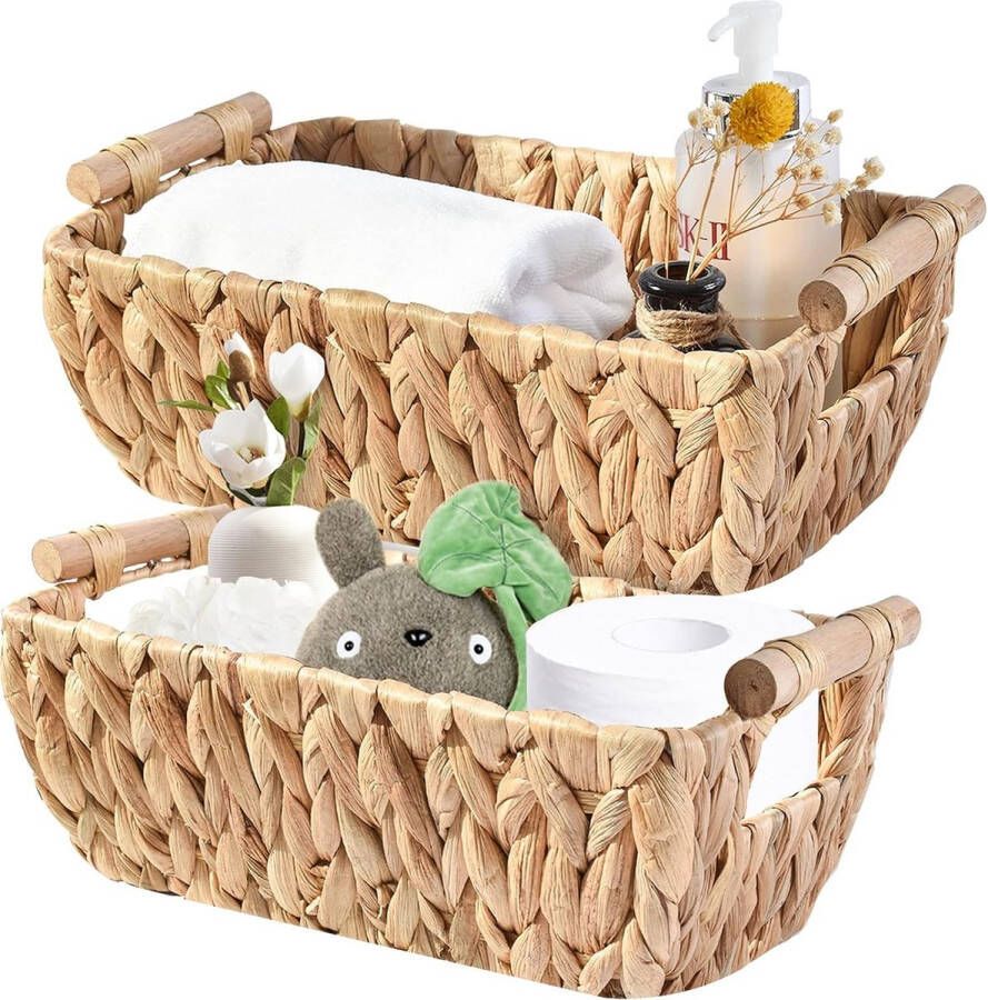 Waterhyacint opbergmand plankmand geweven manden voor organisatie met houten handvat set van 2 decoratieve aanrecht organizer box toiletpapiermand voor toilet