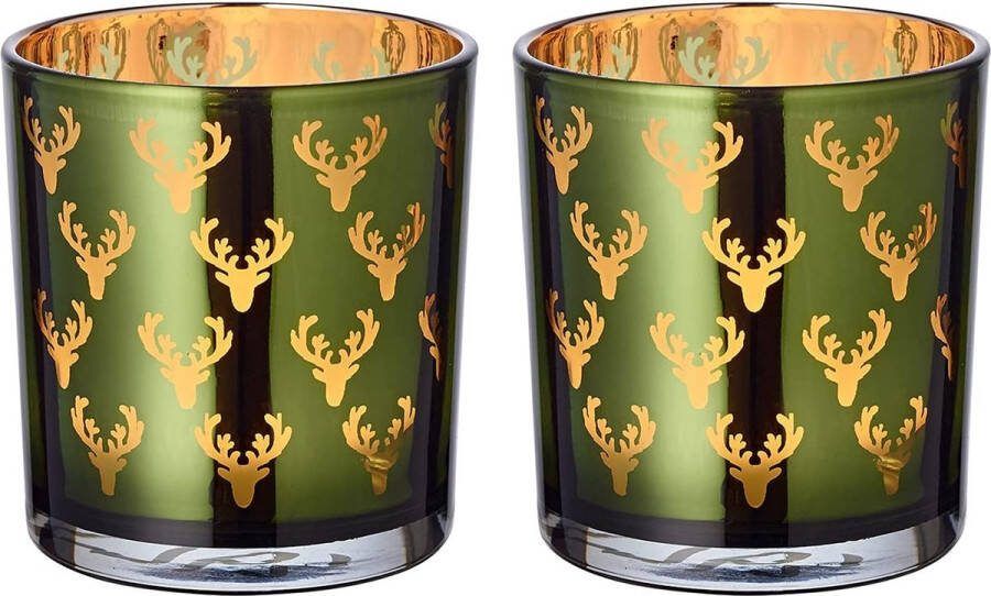 Set van 2 windlichten theelichtglas kaarsglas dirk groen hert hoogte 8 cm