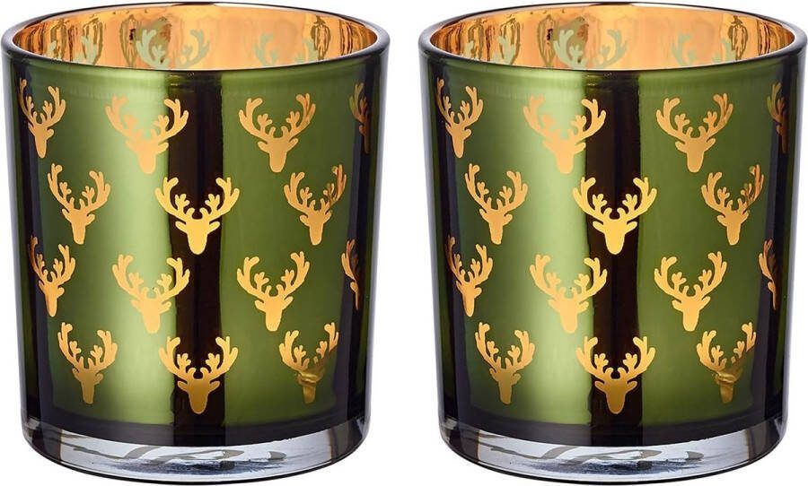Set van 2 windlichten theelichtglas kaarsglas dirk groen hert hoogte 8 cm