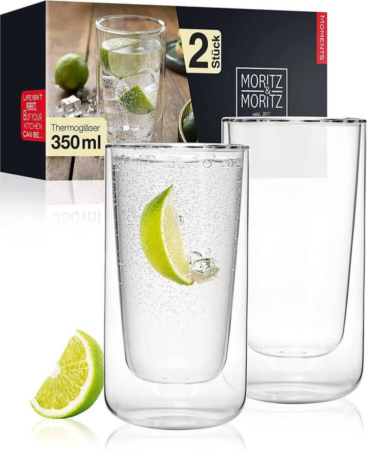 Set van 2 x 350 ml dubbelwandige glazen voor cocktails water thee koffie of longdrinks vaatwasmachinebestendig