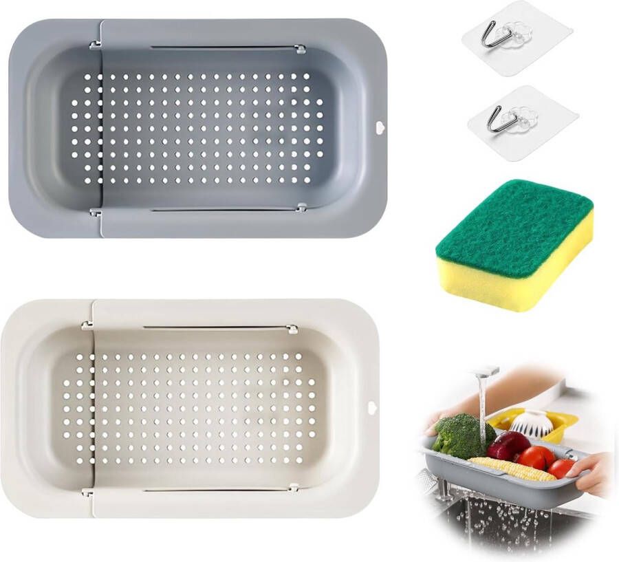 Set van 2 zeefjes voor gootsteen zeef voor gootsteen sneldrogend rek voor eenvoudige reiniging en duurzaamheid (uittrekbaar 36-49 cm) (lichtgrijs en beige)