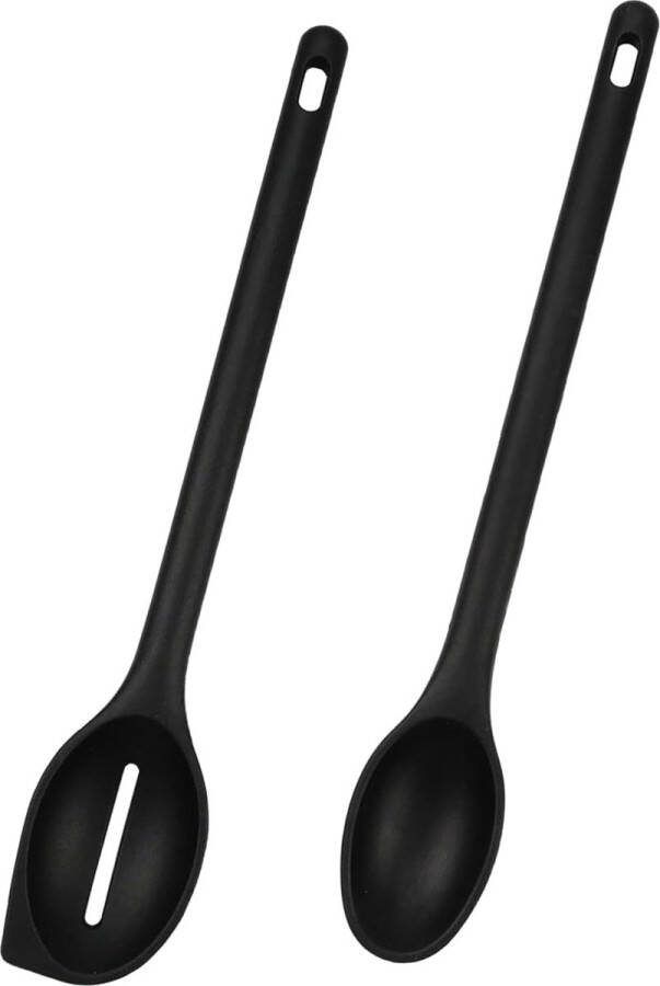 Set van 2 zwarte siliconen kooklepels hittebestendige siliconen kooklepels siliconen menglepels set BPA-vrij voor koken bakken scheppen roeren