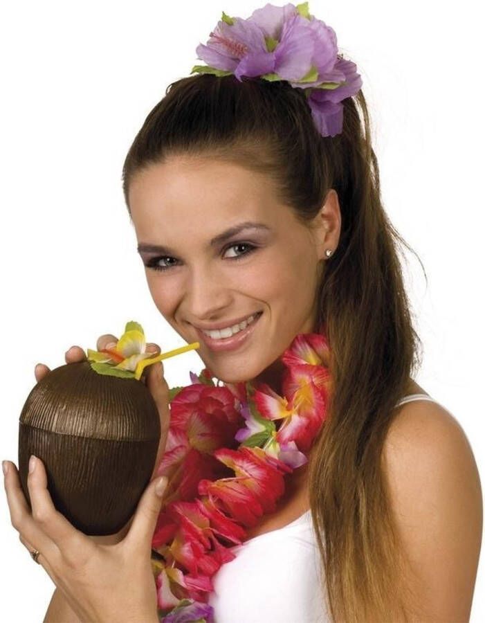 Set van 20x stuks kokosnoot drinkbeker hawaii met herbruikbaar rietje 12 x 16 cm 400 ml Tropisch hawaii thema feest accessoires