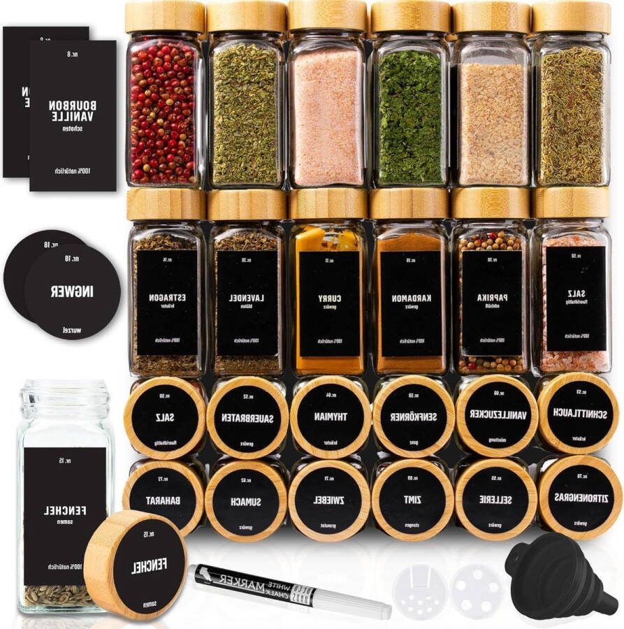 Set van 24 Kruidenpotjes Labels Trechter Schoonmaakborstel Glas Opberger & Strooier 120ml 105x43cm Zoutpot