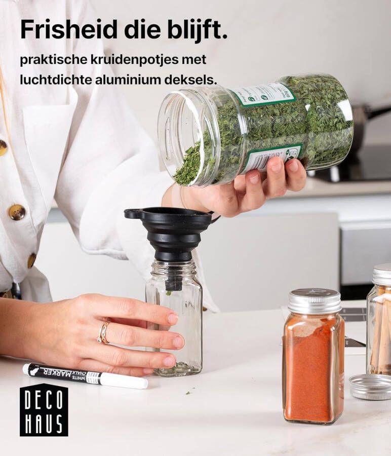 Set van 24 Kruidenpotjes met Schroefdeksel Kruidenkit met Labels Trechter Schoonmaakborstel Stift Passen in Onze 4 Kruidenrekken Lege Helder Glas Opberger & Strooier 120ml 10 5x4 3cm