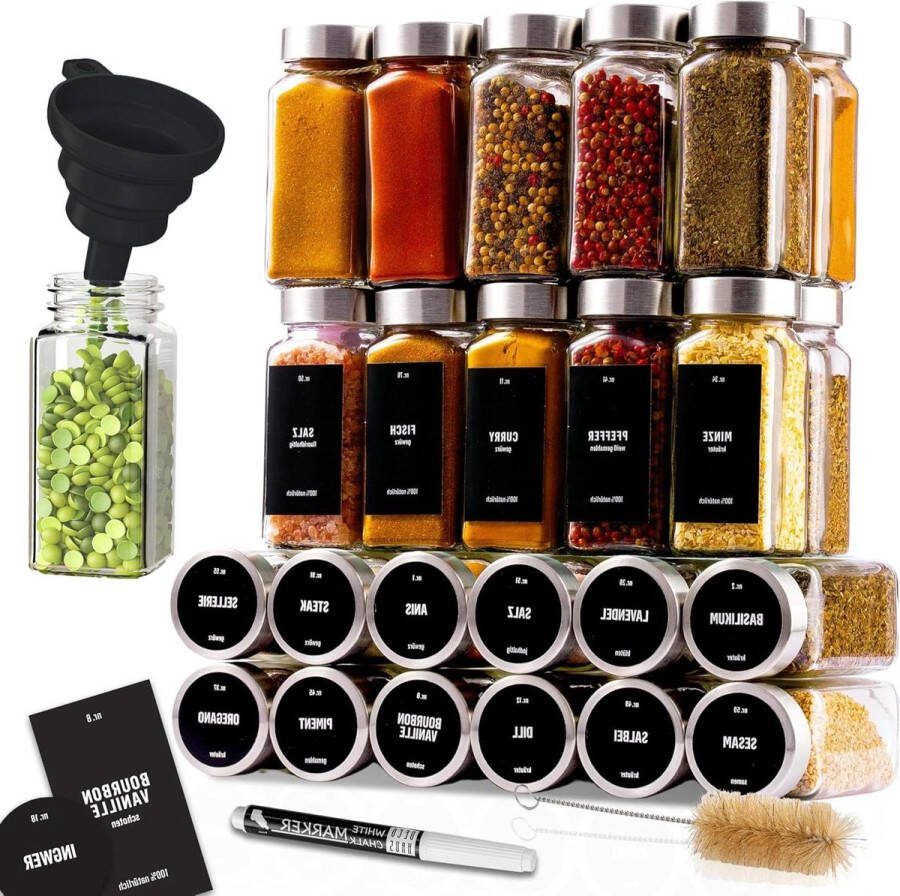 Set van 24 Kruidenpotjes met Schroefdeksel Stickers Trechter Stift Passen in Onze 4 Kruidenrekken Lege Helder Glas Opberger Strooier 120ml 105x43cm Kruidenpotjes met Stickers